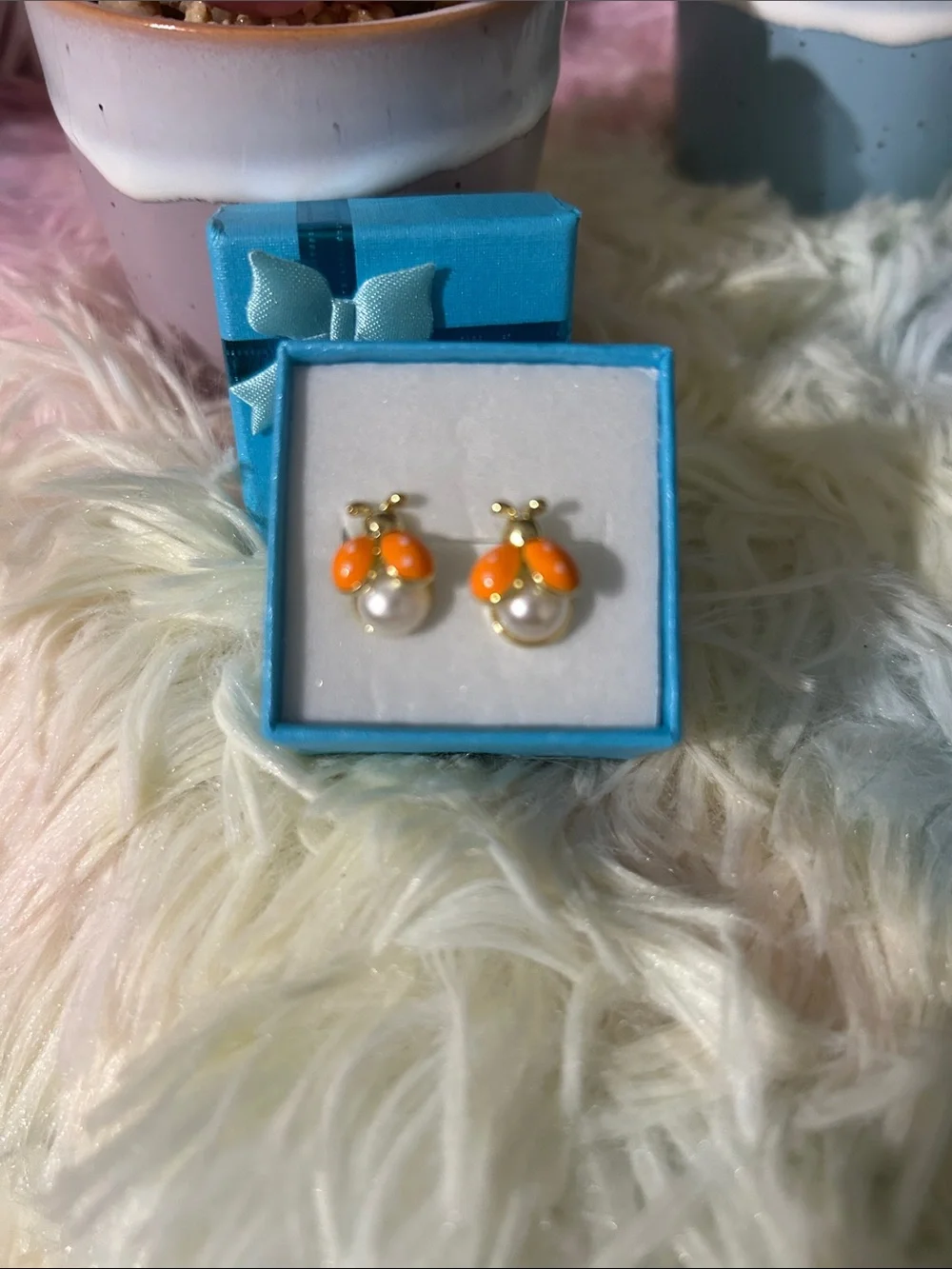Gold-Tone Orange and Pearl Drop Stud Earrings